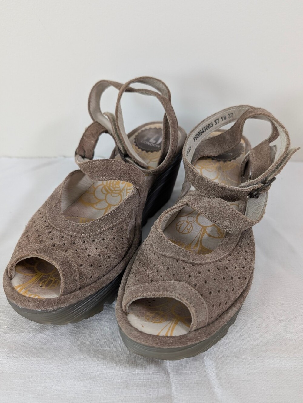 Fly London Yaxi Perf Women's 37 Taupe Wedge Suede Leather Sandal Ankle Strap